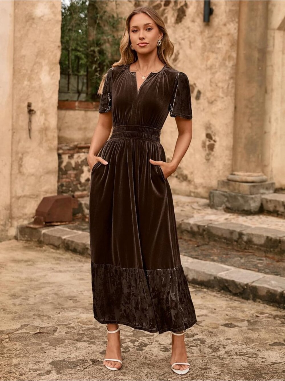 🆕 Women's Brown Short Sleeve V Neck Formal Velvet Empire Waist Maxi Dress - Picture 5 of 6